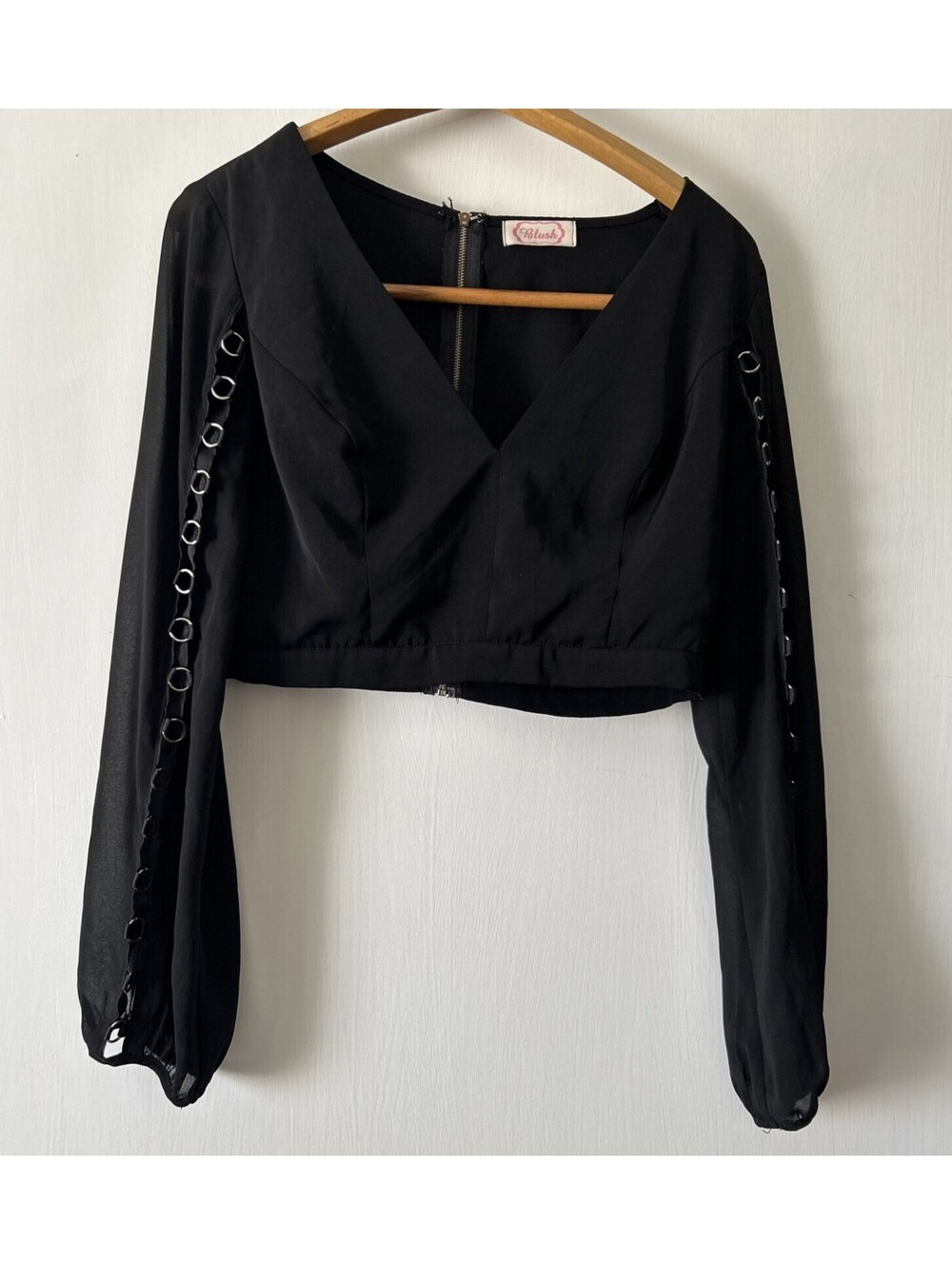 Blush- Black Crop Top Sheer Long Sleeve M Whimsigoth Witchy Darkcore Zip Back